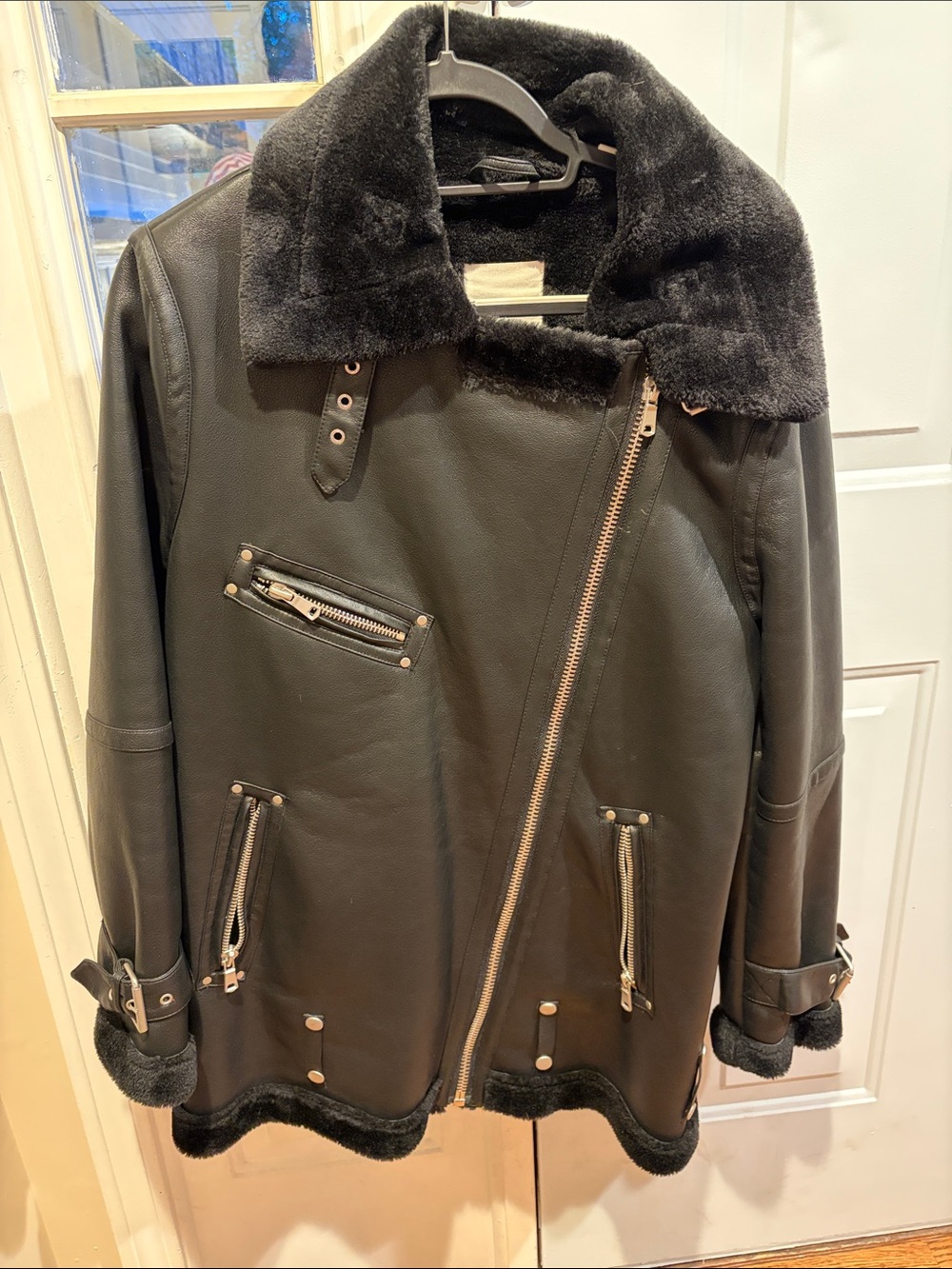 Avec Les Filles Black Faux-Shearling Moto Jacket